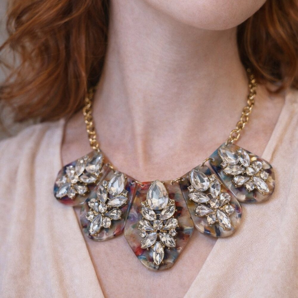 ✨ Statement Crystal & Marbled Resin Necklace ✨